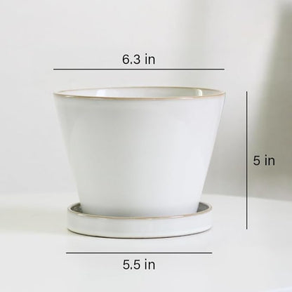 Glazed Ceramic Planter with Drainage Hole & Saucer for Indoor Tropical Plants, Reactive Glaze Plant Pot (White, 6")