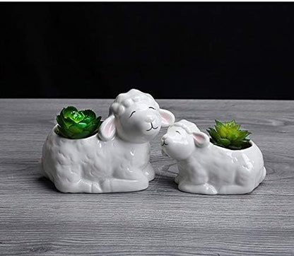 Funnuf Cute Animal White Ceramic Succulent Cactus Flower Planter for Home Garden Office Desktop, 2pcs, Small & Large White Sheep
