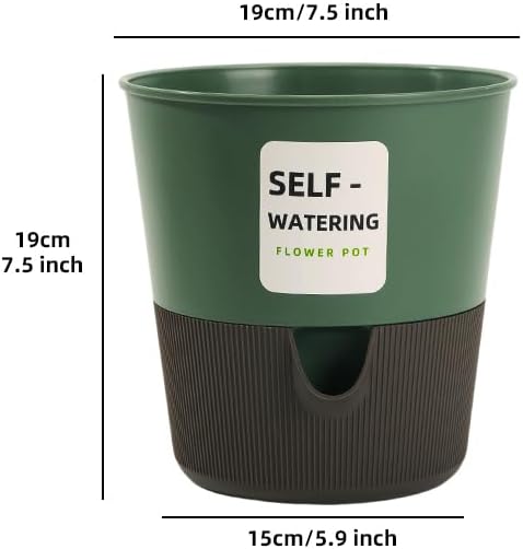 Flower and Plant Pot, Self Watering Plastic Plants Planter with Drainage Holes and Saucers, Modern Outdoor Indoor Decorative Flower Pot for Plants, Flowers, Herbs, Succulents (Green, 7.5 inch)