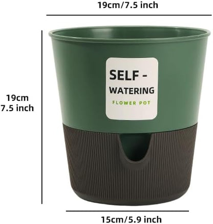 Flower and Plant Pot, Self Watering Plastic Plants Planter with Drainage Holes and Saucers, Modern Outdoor Indoor Decorative Flower Pot for Plants, Flowers, Herbs, Succulents (Green, 7.5 inch)