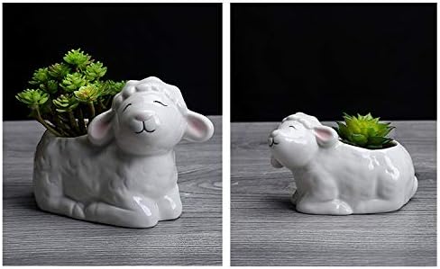 Funnuf Cute Animal White Ceramic Succulent Cactus Flower Planter for Home Garden Office Desktop, 2pcs, Small & Large White Sheep