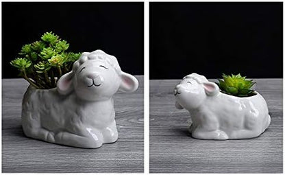 Funnuf Cute Animal White Ceramic Succulent Cactus Flower Planter for Home Garden Office Desktop, 2pcs, Small & Large White Sheep