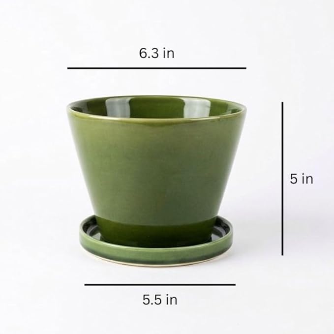 Glazed Gradient Color Ceramic Planter with Drainage Hole & Saucer for Indoor Tropical Plants, Green Reactive Glaze Plant Pot (Emerald Green, 6")