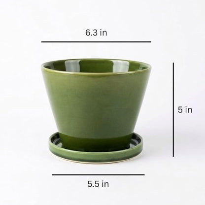 Glazed Gradient Color Ceramic Planter with Drainage Hole & Saucer for Indoor Tropical Plants, Green Reactive Glaze Plant Pot (Emerald Green, 6")