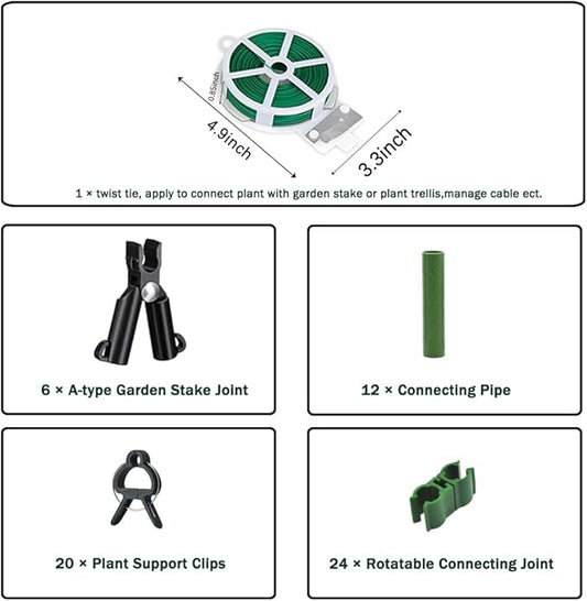 Garden Trellis Support Kit - Plant Clips & Stake Connectors, 7/16" Stake Extensions & Pipe Fixings