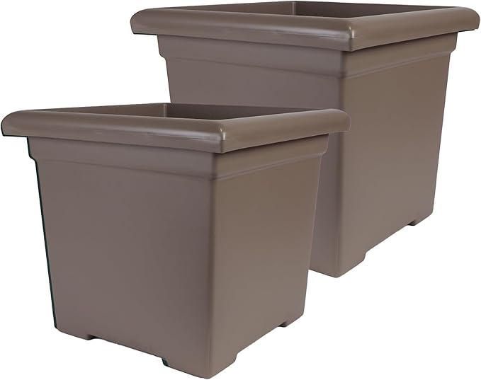 The HC Companies 12.5 Inch Accent Square Plant Pots with Drainage, Lightweight UV-Resistant Plastic Planters for Indoor & Outdoor Plants, 2-Pack Flower Pots for Garden, Office & Home Decor, Cappuccino