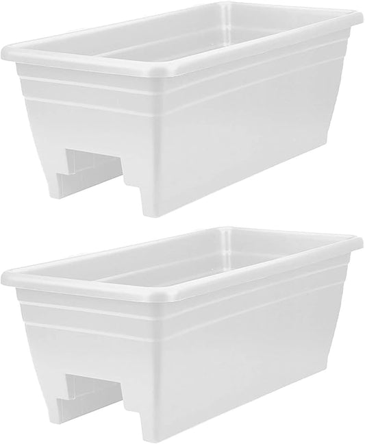 The HC Companies 24 Inch Wide Heavy Duty Plastic Deck Rail Mounted Garden Flower Planter Boxes with Removable Drainage Plugs, 2 Pack, White