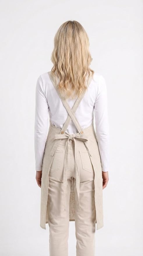 Pure Linen Cross Back Apron Dress, Adjustable Waist & 2 Pockets. Unisex Kitchen & Server Apron, 26.5"x33.5".
