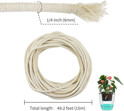 49.2 feet 1/4 Inch Natural White Self Watering Wick Cord Automatic Watering Cotton Rope System Hydroponic Wicking for Vacation Plant Care Capillary Wicks for Self Watering Planters and Pot