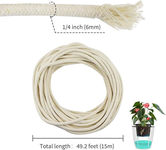 49.2 feet 1/4 Inch Natural White Self Watering Wick Cord Automatic Watering Cotton Rope System Hydroponic Wicking for Vacation Plant Care Capillary Wicks for Self Watering Planters and Pot