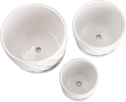Set of 3 Ceramic Plant Pot - Flower Plant Pots Indoor with Saucers,Small to Medium Sized Round Modern Ceramic Garden Flower Pots (White)