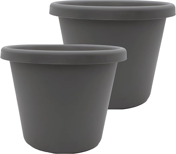 The HC Companies 15.5 Inch Classic Round Planter Pots with Drainage, Rolled Rim Plastic Planters for Indoor & Outdoor Plants, 2-Pack Decorative Flower Pots for Garden, Office & Home Decor, Warm Gray