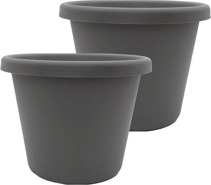 The HC Companies 17 Inch Classic Round Planter Pots with Drainage, Rolled Rim Plastic Planters for Indoor & Outdoor Plants, 2-Pack Decorative Flower Pots for Garden, Office & Home Decor, Warm Gray