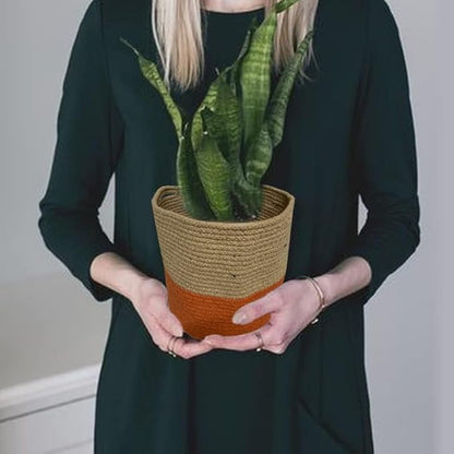 Cotton Rope Plant Basket Hand Woven; Flower Pot Indoor Planters (Large, Orange)