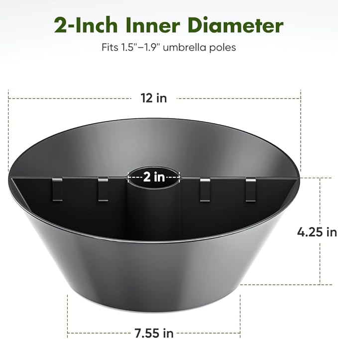 Koutemie 2-in-1 Umbrella Planter for Patio Table & Pole, Half Round Flower Planters Pots with Umbrella Hole Fits Poles Up to 2” Diameter, PVC Post Planter Wrap Around Umbrella for Garden, Black