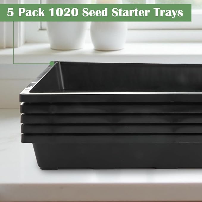 1020 Nursery Pot Trays 5 Pack, Plastic Flat Seed Starter Tray, Reusable Seedling Starting Tray for Holding and Carrying Plant Pots (Black)