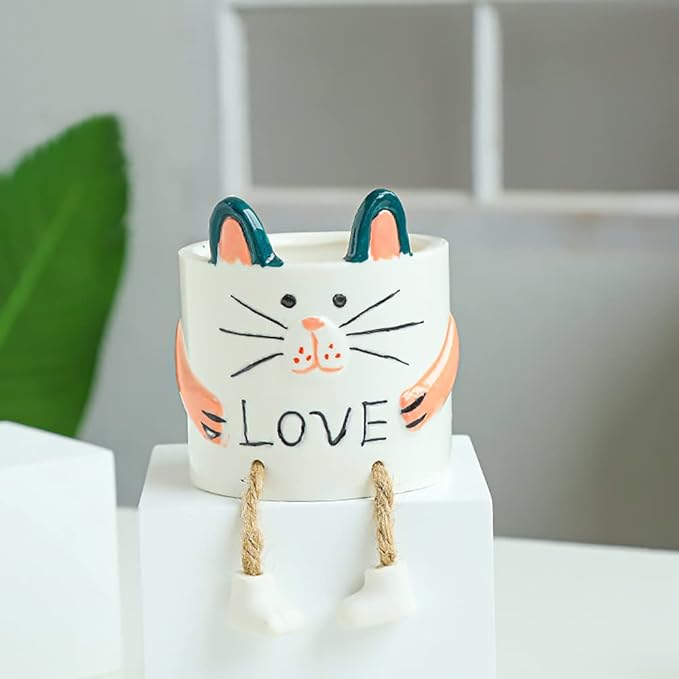 DIYOMR Smooth Glazed Ceramic Planter with Hanging Leg, Cute Cartoon Flower Plant Pots Drainage Hole Small Succulent Pots for Mini Flower Planters Cactus, Plants Not Include (Kitten)