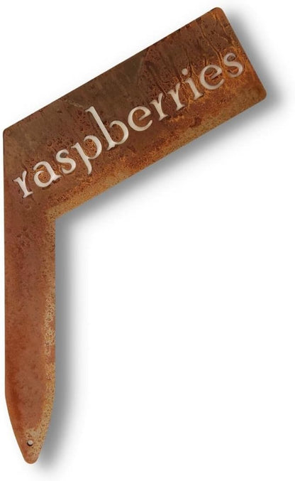 Planter Size Small Metal Garden Plant Vegetable Flower or Herb Markers 13.5 Inches Tall (raspberries, Naturally Rusted)