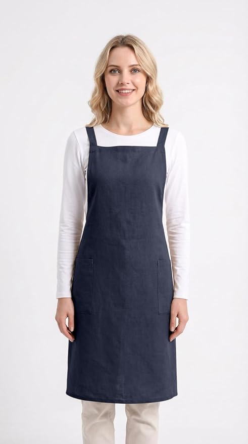 Pure Linen Cross Back Apron Dress, Adjustable Waist & 2 Pockets. Unisex Kitchen & Server Apron, 26.5"x33.5".