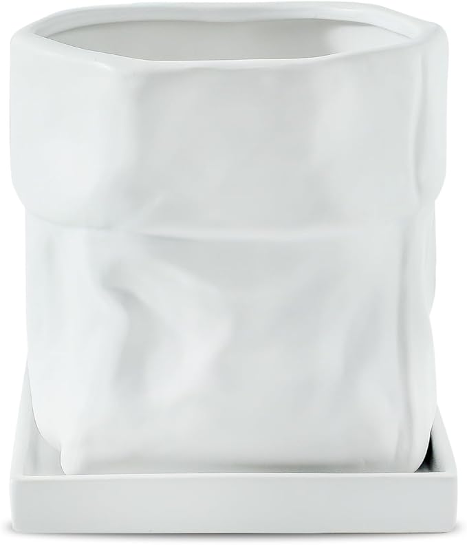 Nihow Ceramic Plant Pot: 6 Inch Planter with Drainage Hole & Square Saucer for Herbs/Plants, Bag Shape Design Flower Pot for Indoor & Outdoor Garden Decor - White