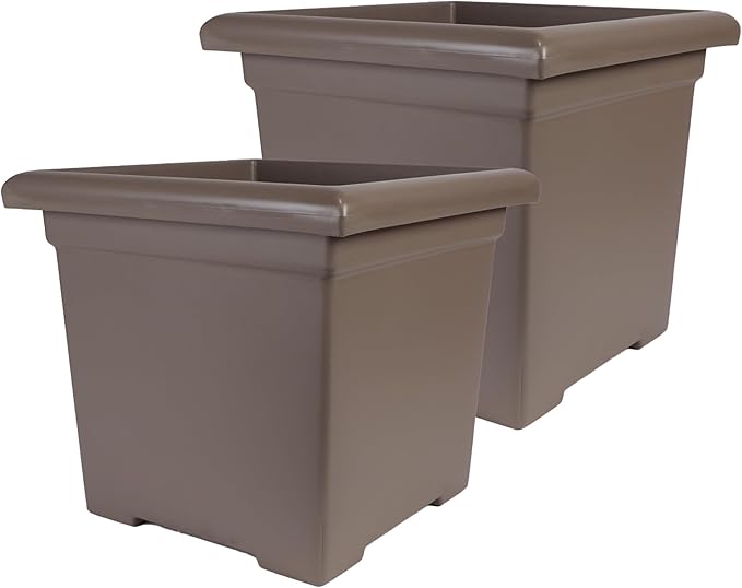 The HC Companies 15.5 Inch Accent Square Plant Pots with Drainage, Lightweight UV-Resistant Plastic Planters for Indoor & Outdoor Plants, 2-Pack Flower Pots for Garden, Office & Home Decor, Cappuccino