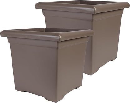 The HC Companies 15.5 Inch Accent Square Plant Pots with Drainage, Lightweight UV-Resistant Plastic Planters for Indoor & Outdoor Plants, 2-Pack Flower Pots for Garden, Office & Home Decor, Cappuccino