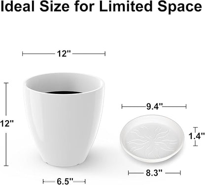 GameXcel Flower Pot Indoor - Outdoor Plant Pot - White Glossy Planter - Elegant Ceramics Imitation - 12" Diameter 12" Tall with Drainage Holes and Saucer