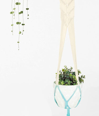 LIVALAYA Macrame Plant Hangers Wall Planter - Blue Ombre 48 Inch, for Indoor or Outdoor, 100% Cotton Rope Hanging Plant Holder with Tassel for Flower Pots and Succulents - Modern Boho Home Décor