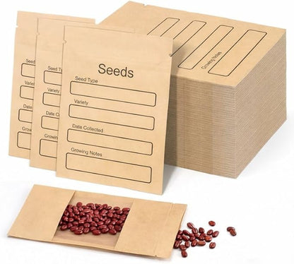 100 Pack Resealable Seed Packets with Clear Window, 4.72 x 3.15 Inch Kraft Paper Seed Packets Envelopes, Self-adhesive Sealing & Preprinted Templates for Seed Storage, Seed Organizer
