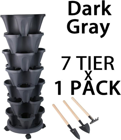 GameXcel Vertical Planter 7 Tier Stackable Planters Garden Planters Strawberry Herb Flower and Vegetable Planter Indoor Outdoor Gardening Pots with Removable Wheels and Tools