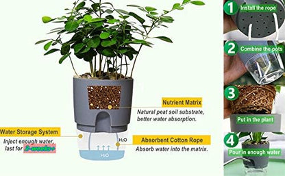 Self Watering Pots for Indoor Plants, 5 Pack 6/4.1/3.2 Inch Flower Pot Modern Decorative Plastic Planter with Extra Large Water Storage for All House Plants, Flowers, Herbs(White)