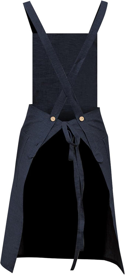 Pure Linen Cross Back Apron Dress, Adjustable Waist & 2 Pockets. Unisex Kitchen & Server Apron, 26.5"x33.5".