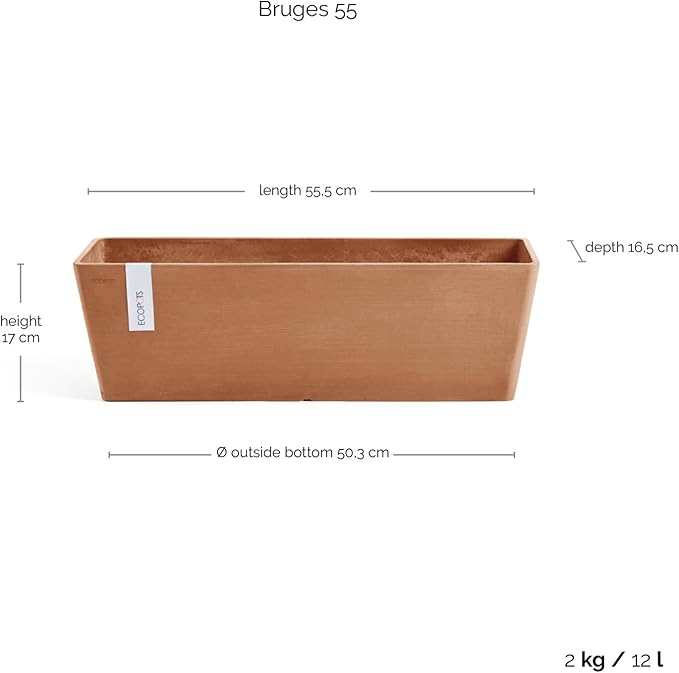 Ecopots Bruges Durable Modern Rectangular Indoor/Outdoor Recycled-Based Composite Flower Pot Planter, Terracotta, 21.5"