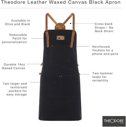 Theodore Waxed Canvas Work Apron - Cross Back with Leather Straps, 14oz Heavy Duty Canvas, Multi-Pocket Utility