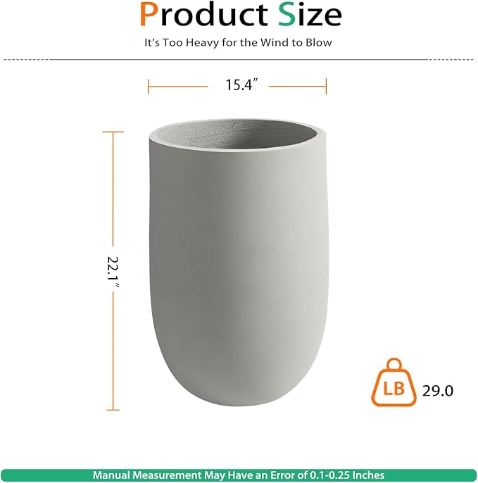 Concrete Planter Outdoor Indoor, Large Tall Cement Plant Pots for Trees Flowers (Gray, 22 inch)