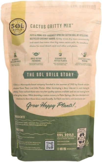 Sol Soils Gritty Cactus Soil Potting Mix - Fast Draining and Peat Moss Free with Coconut Husk Chips, Granite, Calcined Clay & Pumice for Indoor and Outdoor Plants - 2 Quarts
