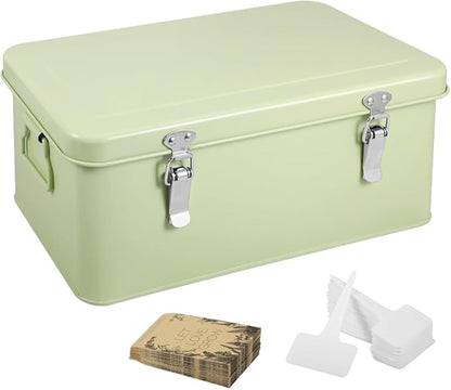Picowe Metal Seed Storage Box Kit - 30 Seed Envelope Bags & 30 White Plant Labels for Organizing, Saving, and Storing Garden Seeds - Container for All Seed Types (Green, Large)
