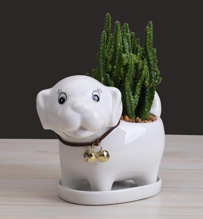 Ceramic Succulent Plant Pot Cactus Plant Pot Flower Pot Container Planter with Drainage Hole Home Office Desk Garden Gift Idea Animal Shaped Flower Pot Cute Vase Pot (White Dog)