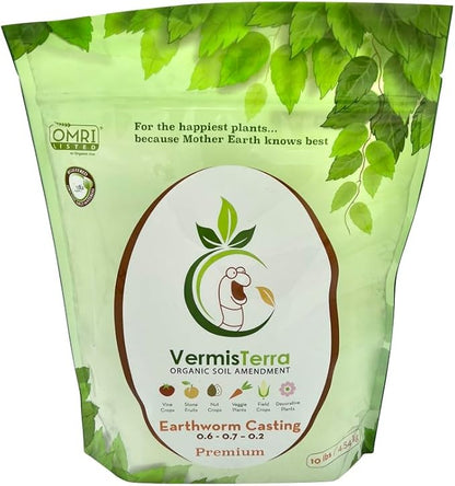 VermisTerra - Premium Earthworm Castings - Organic 10 LB, Very fine, Low Moisture Content, Easy to Spread. Seed Starting, propgation, Improve Soil Structure, Natural Plant Hormones for Fertility