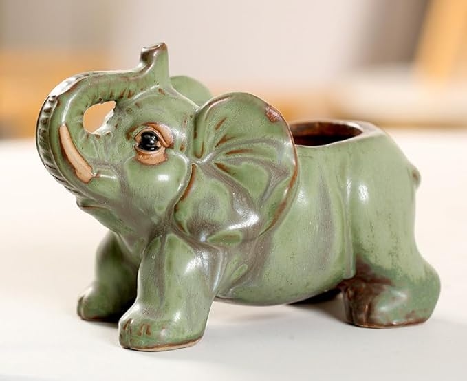 Cute Animal Elephant Shaped Ceramic Succulent Cactus Air Plant Flower Pots Planters-Plant Not Included (Pleasant Elephant)