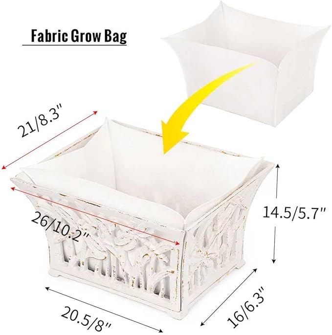 Sungmor Heavy Duty Cast Iron Planter Basket w/Non-Woven Growing Bag, Unique Shape & Beautiful Pattern Design, Hollow Orchid Flower Pot Garden Tools Holder, Rust White French Country Decor Container