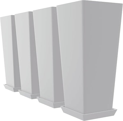 Set of 4 24" Tall Plastic Planters with Trays, Large Tapered Plant Pots for Indoor Outdoor Use, Modern Decorative Planters for Porch, Patio, Garden, and Backyard