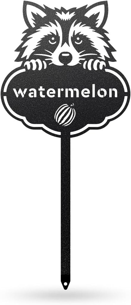 RealSteel Rocky the Raccoon Plant Markers – Cute Metal Garden Labels for Herbs & Vegetables | Outdoor Steel Plant Stakes for Garden, Greenhouse & Raised Beds | Gardening Gift | USA (WATERMELON-B-6X13)