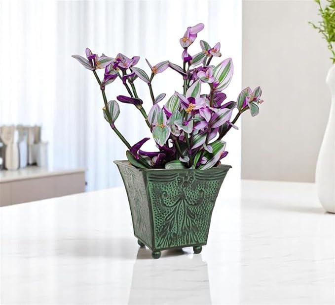 Hosley Set of 4 Green Patina Embossed Metal Planters with Ornate Floral Design, 5.25" L x 5.25" W x 5" H – Ideal for Floral Arrangements, Home Décor, Garden Accents, Rustic Weddings.