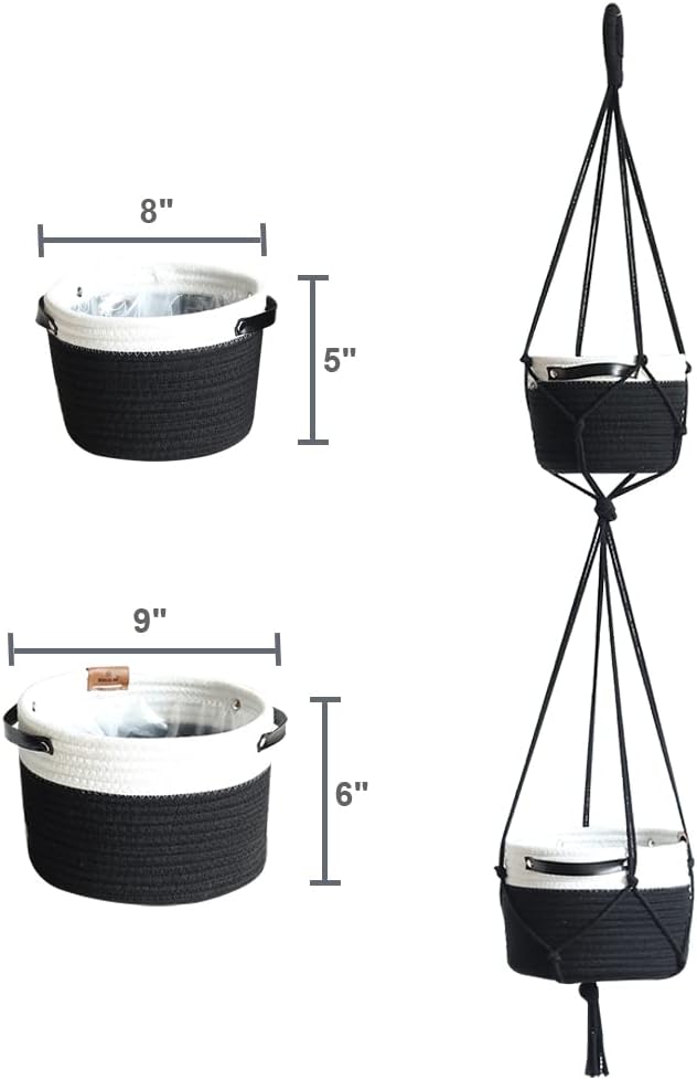Tiered Macrame Hanging Planter One-Piece Cotton Woven Rope Flower Pots,Indoor Outdoor Home Decor Waterproof Lining Hydroponic Plant Baskets Pots-Black