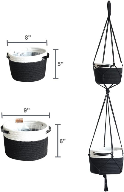 Tiered Macrame Hanging Planter One-Piece Cotton Woven Rope Flower Pots,Indoor Outdoor Home Decor Waterproof Lining Hydroponic Plant Baskets Pots-Black