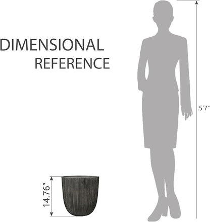 Vintage Black Cement-Look Ribbed Planter, 12.4"H Tall Tapered Egg-Shaped Plastic Plant Pot with Drainage Hole & Plug, Large Modern Indoor Outdoor Flower Pot for Home, Garden, Patio and Houseplants