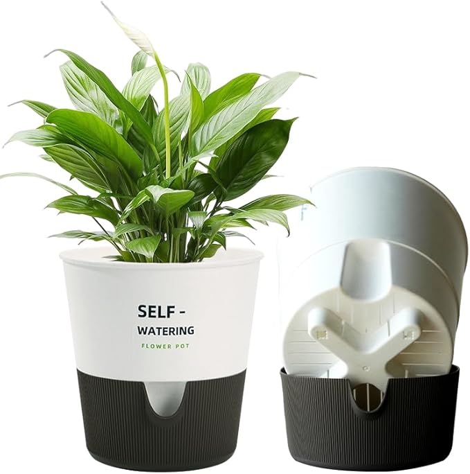 Flower and Plant Pot, Self Watering Plastic Plants Planter with Drainage Holes and Saucers, Modern Outdoor Indoor Decorative Flower Pot for Plants, Flowers, Herbs, Succulents (White, 6.5 inch)