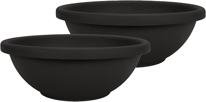 The HC Companies 24 Inch Shallow Garden Bowl Plant Pot with Drainage, Lightweight UV-Resistant Plastic Planters for Succulents, Herbs & More, 2-Pack Planters for Indoor Outdoor Home Decor, Black