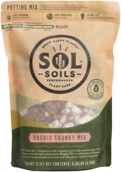 Sol Soils Chunky Orchid Potting Mix - 100% Peat-Free, Lightweight, and Aerated with Coconut Husk, Perlite & Recycled Forest Products for Fast Draining, Healthy Orchids - 1 Quart